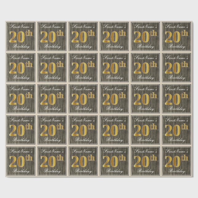 Papel De Regalo Elegante, Faux Wood, Faux Gold 20th Birthday + Nom (Superficie plana)