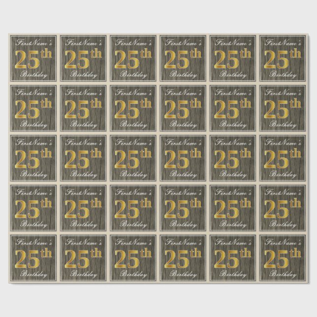 Papel De Regalo Elegante, Faux Wood, Faux Gold 25th Birthday + Nom (Superficie plana)