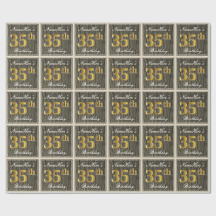 Papel De Regalo Elegante, Faux Wood, Faux Gold 35th Birthday + Nam