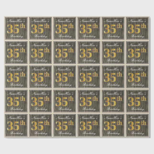 Papel De Regalo Elegante, Faux Wood, Faux Gold 35th Birthday + Nam (Superficie plana)