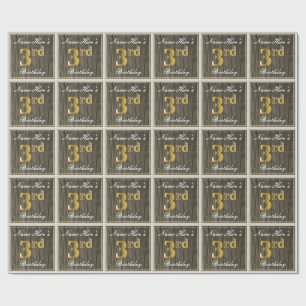 Papel De Regalo Elegante, Faux Wood, Faux Gold 3Cumpleaños + Nombr