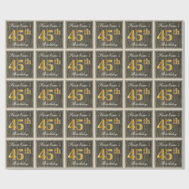 Papel De Regalo Elegante, Faux Wood, Faux Gold 45th Birthday + Nam (Superficie plana)