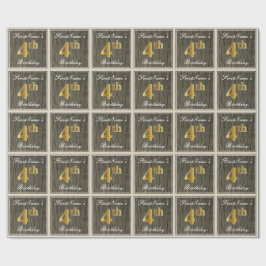 Papel De Regalo Elegante, Faux Wood, Faux Gold 4Cumpleaños + Nombr