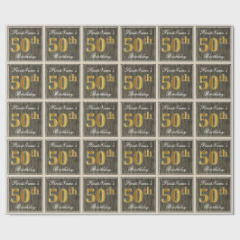 Papel De Regalo Elegante, Faux Wood, Faux Gold 50th Birthday + Nam