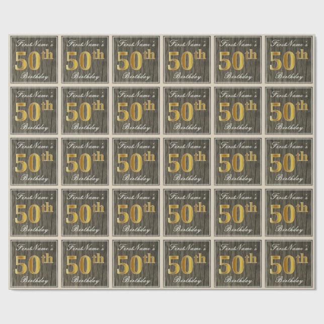 Papel De Regalo Elegante, Faux Wood, Faux Gold 50th Birthday + Nam (Superficie plana)