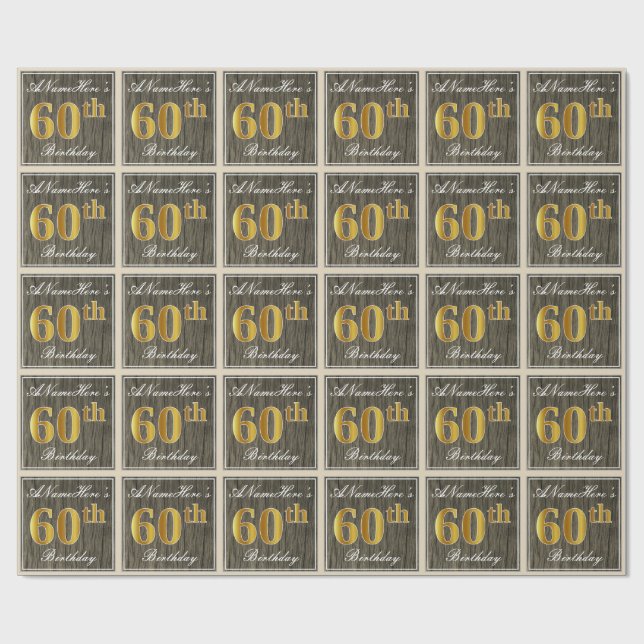 Papel De Regalo Elegante, Faux Wood, Faux Gold 60th Birthday + Nom (Superficie plana)