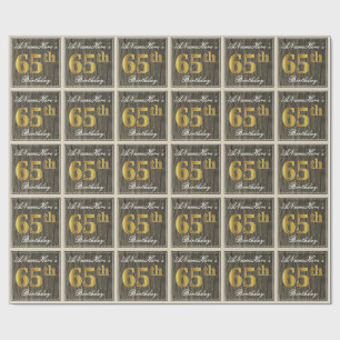 Papel De Regalo Elegante, Faux Wood, Faux Gold 65th Birthday + Nom