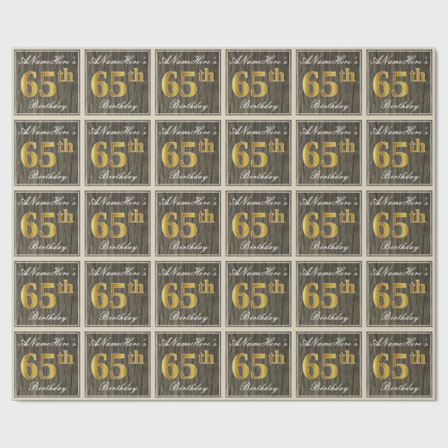 Papel De Regalo Elegante, Faux Wood, Faux Gold 65th Birthday + Nom (Superficie plana)