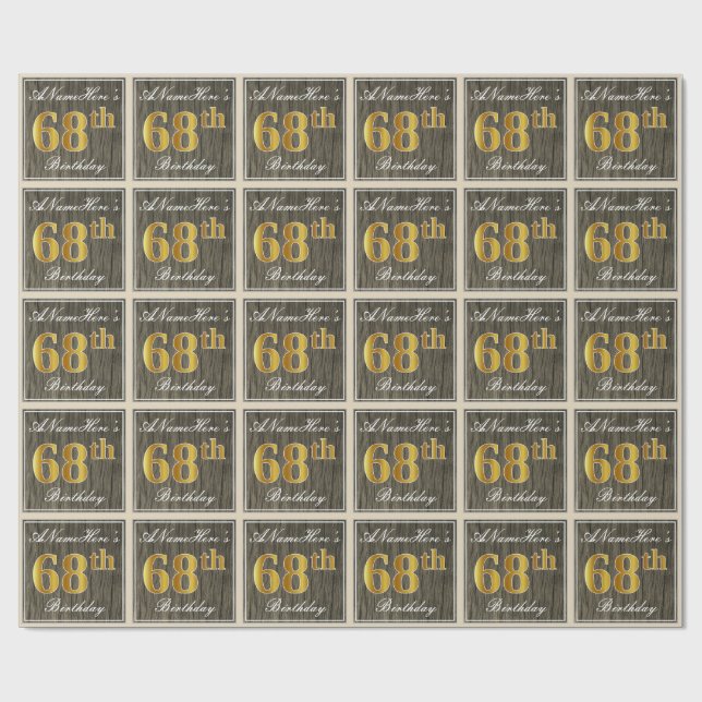 Papel De Regalo Elegante, Faux Wood, Faux Gold 68th Birthday + Nom (Superficie plana)