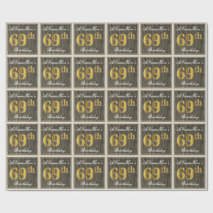 Papel De Regalo Elegante, Faux Wood, Faux Gold 69th Birthday + Nom