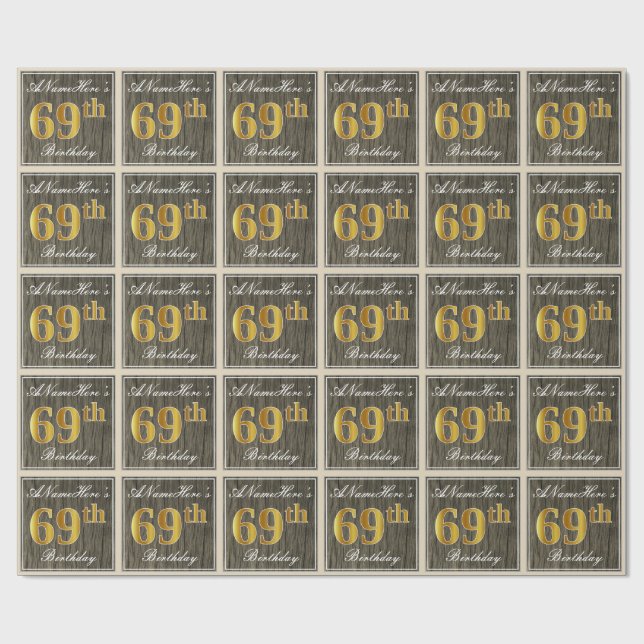 Papel De Regalo Elegante, Faux Wood, Faux Gold 69th Birthday + Nom (Superficie plana)