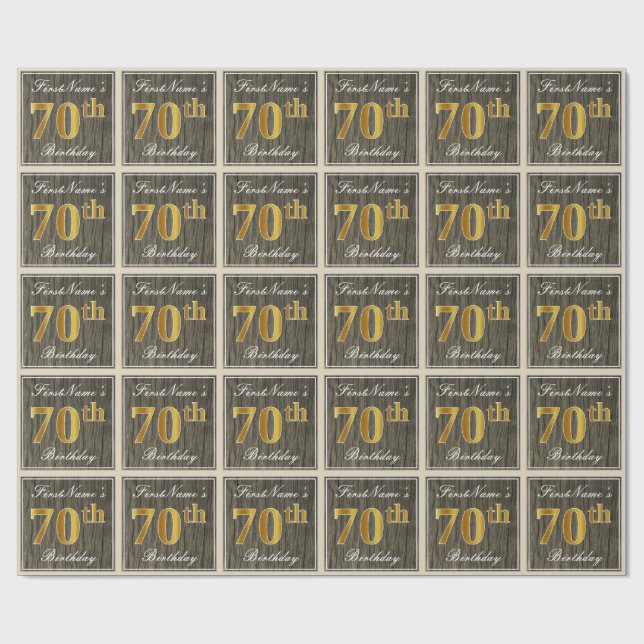 Papel De Regalo Elegante, Faux Wood, Faux Gold 70th Birthday + Nam (Superficie plana)
