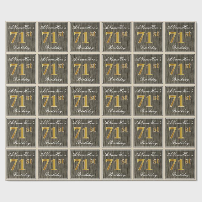 Papel De Regalo Elegante, Faux Wood, Faux Gold 71st Birthday + Nom (Superficie plana)