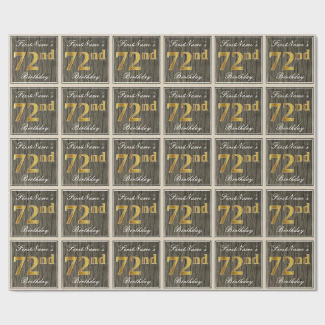 Papel De Regalo Elegante, Faux Wood, Faux Gold 72nd Birthday + Nom (Superficie plana)