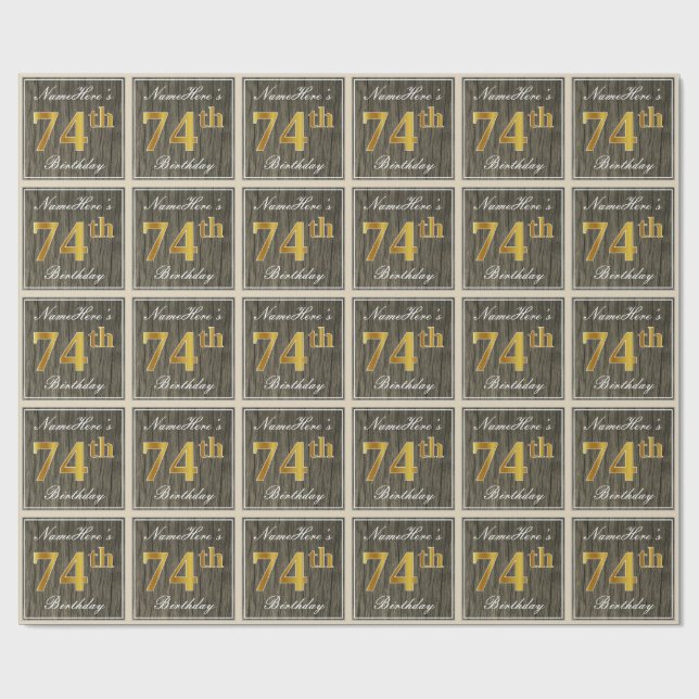 Papel De Regalo Elegante, Faux Wood, Faux Gold 74th Birthday + Nom (Superficie plana)