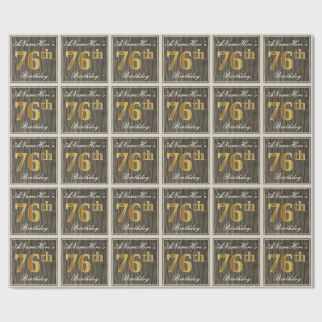 Papel De Regalo Elegante, Faux Wood, Faux Gold 76th Birthday + Nam (Superficie plana)