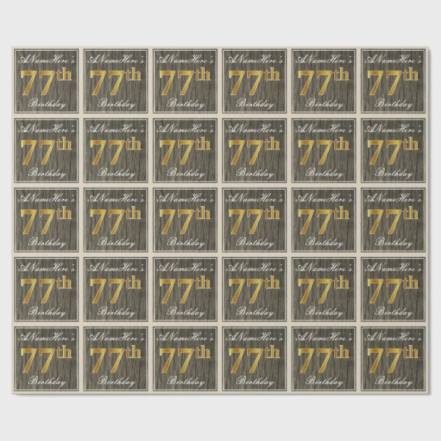 Papel De Regalo Elegante, Faux Wood, Faux Gold 77th Birthday + Nom (Superficie plana)
