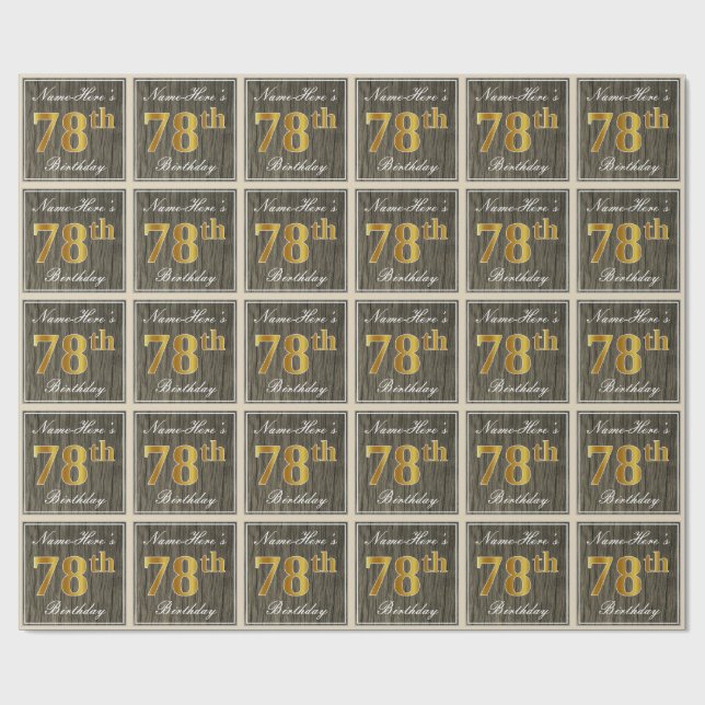 Papel De Regalo Elegante, Faux Wood, Faux Gold 78th Birthday + Nam (Superficie plana)