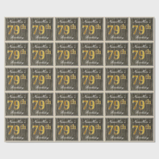 Papel De Regalo Elegante, Faux Wood, Faux Gold 79th Birthday + Nom (Superficie plana)