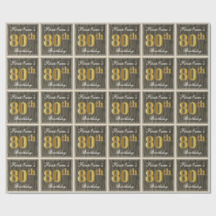 Papel De Regalo Elegante, Faux Wood, Faux Gold 80th Birthday + Nam