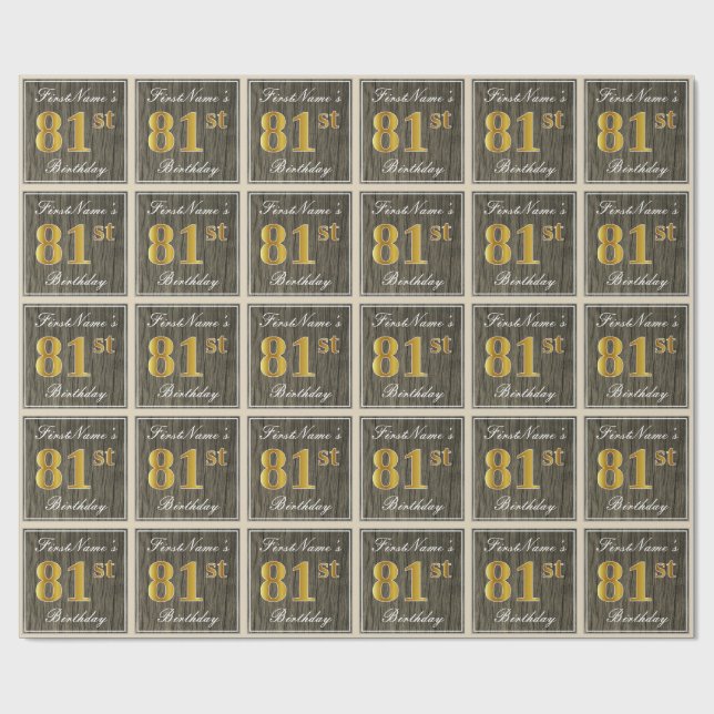 Papel De Regalo Elegante, Faux Wood, Faux Gold 81st Birthday + Nom (Superficie plana)