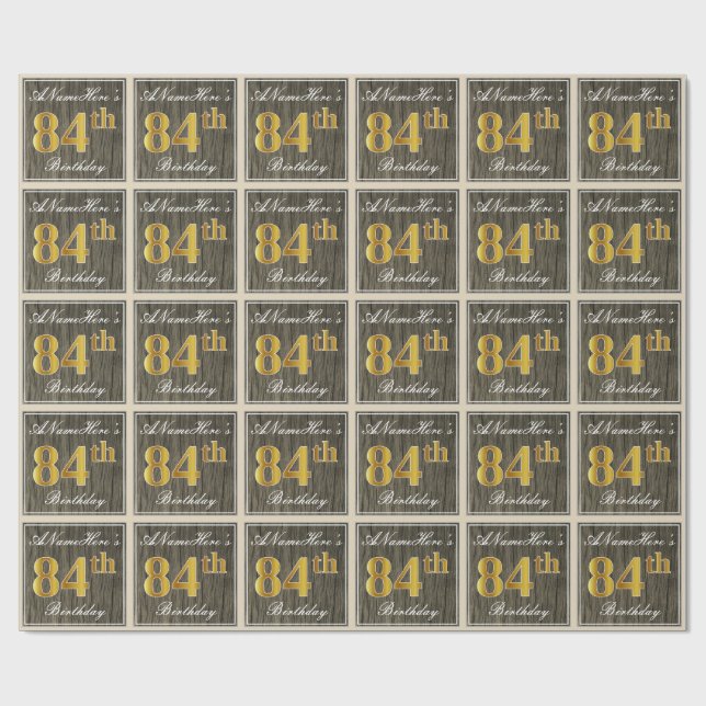 Papel De Regalo Elegante, Faux Wood, Faux Gold 84th Birthday + Nom (Superficie plana)