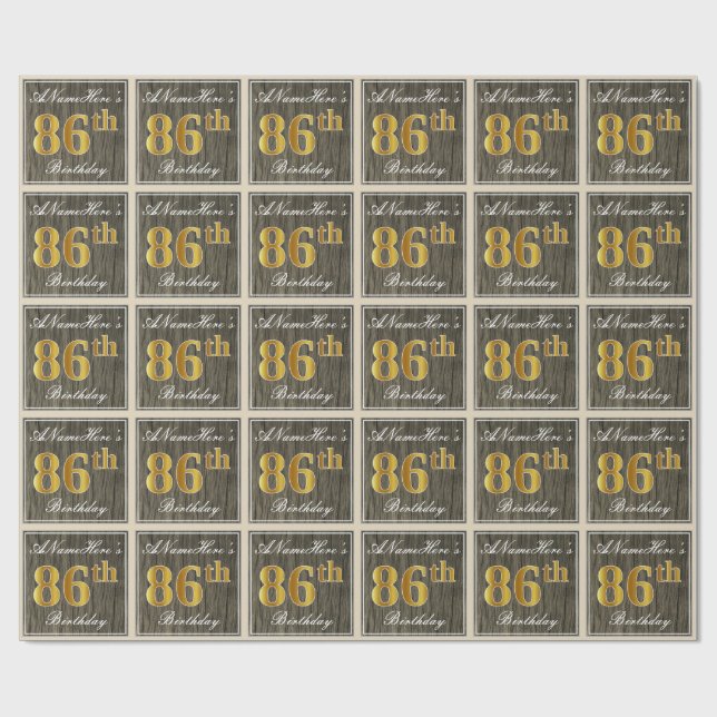 Papel De Regalo Elegante, Faux Wood, Faux Gold 86th Birthday + Nam (Superficie plana)