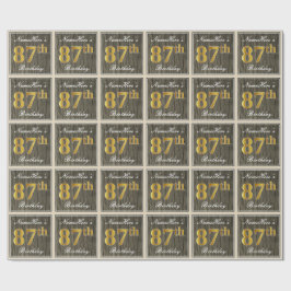 Papel De Regalo Elegante, Faux Wood, Faux Gold 87th Birthday + Nom