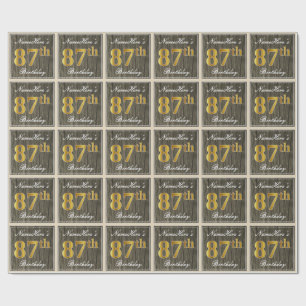 Papel De Regalo Elegante, Faux Wood, Faux Gold 87th Birthday + Nom