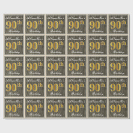 Papel De Regalo Elegante, Faux Wood, Faux Gold 90th Birthday + Nam
