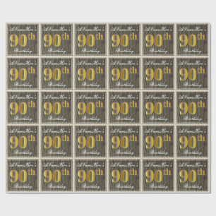 Papel De Regalo Elegante, Faux Wood, Faux Gold 90th Birthday + Nam