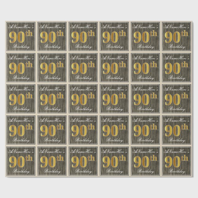 Papel De Regalo Elegante, Faux Wood, Faux Gold 90th Birthday + Nam (Superficie plana)