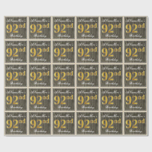Papel De Regalo Elegante, Faux Wood, Faux Gold 92nd Birthday + Nom