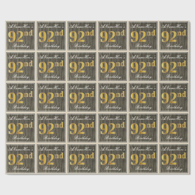 Papel De Regalo Elegante, Faux Wood, Faux Gold 92nd Birthday + Nom (Superficie plana)