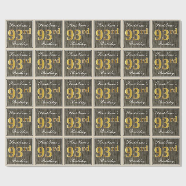Papel De Regalo Elegante, Faux Wood, Faux Gold 93rd Birthday + Nam (Superficie plana)