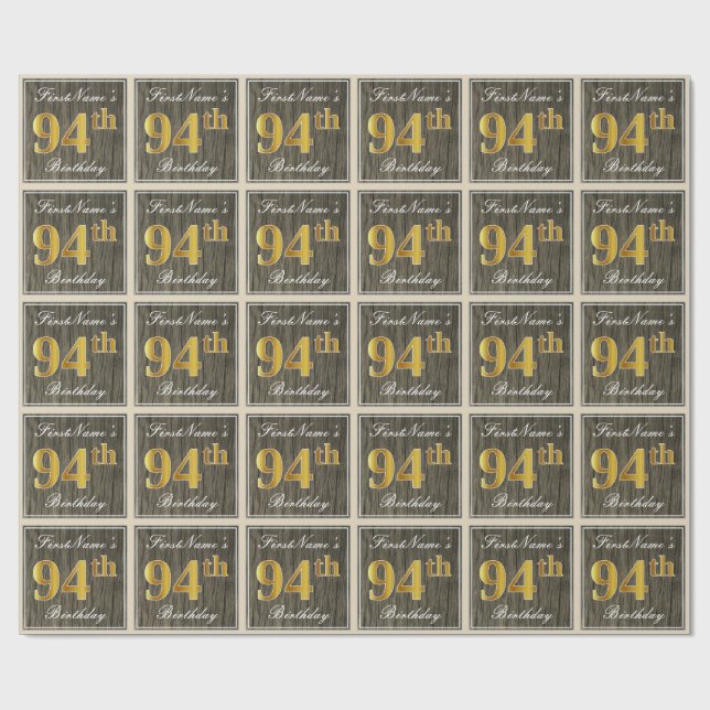 Papel De Regalo Elegante, Faux Wood, Faux Gold 94th Birthday + Nom (Superficie plana)