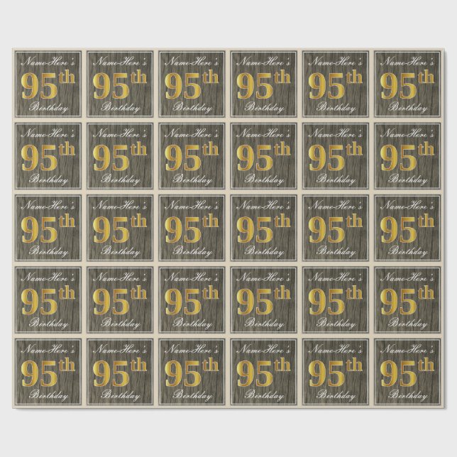 Papel De Regalo Elegante, Faux Wood, Faux Gold 95th Birthday + Nam (Superficie plana)