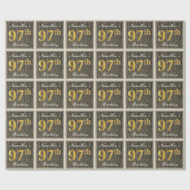 Papel De Regalo Elegante, Faux Wood, Faux Gold 97th Birthday + Nam (Superficie plana)