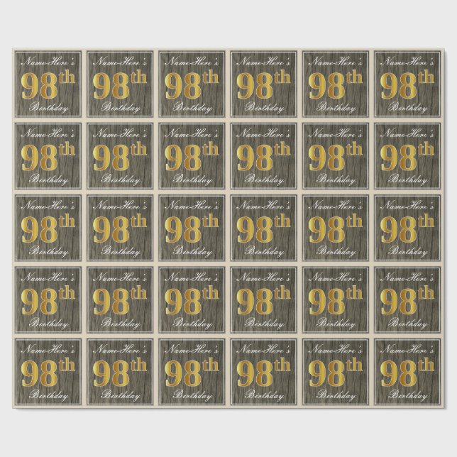 Papel De Regalo Elegante, Faux Wood, Faux Gold 98th Birthday + Nam (Superficie plana)