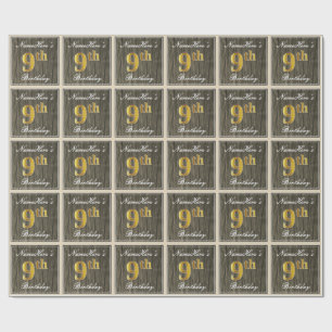 Papel De Regalo Elegante, Faux Wood, Faux Gold 9Cumpleaños + Nombr