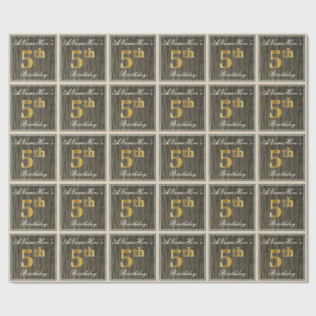 Papel De Regalo Elegante, Faux Wood, Faux Gold Quinto Cumpleaños + (Superficie plana)