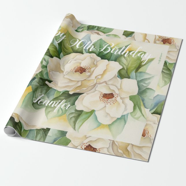 Papel De Regalo Elegante Feliz 90 cumpleaños nombre blanco floral (Desenrollado)