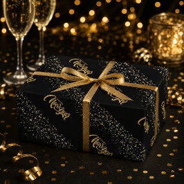 Papel De Regalo Elegante Feliz Año Nuevo en negro y dorado