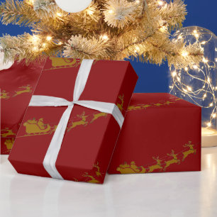 Papel De Regalo Elegante Feliz Navidad Santa Dorado Reno Trineo Na