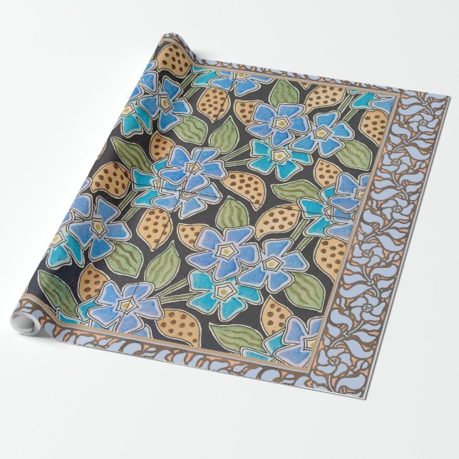 Papel De Regalo Elegante Flor Azul Periwinkle Floral Clásico (Desenrollado)