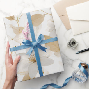 Papel De Regalo Elegante Flor Blanca con Patrón Floral de Oro Suav