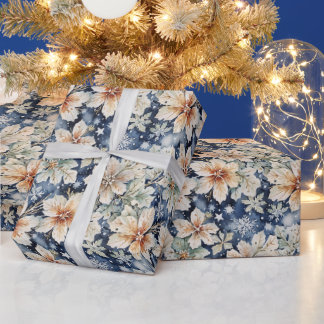 Papel De Regalo Elegante Flor de Pascua y Nieve en Acuarela de Inv