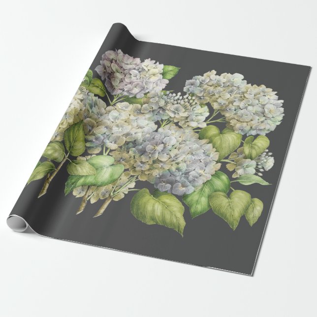 Papel De Regalo Elegante Floral Azul Hydrangea Negro Decoupage (Desenrollado)