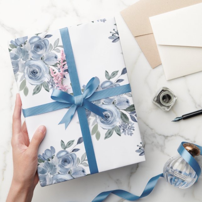 Papel De Regalo Elegante Floral azul turbio (Regalar)