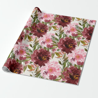 Papel De Regalo Elegante Floral Botánico de Acuarela Rosa Burgundy